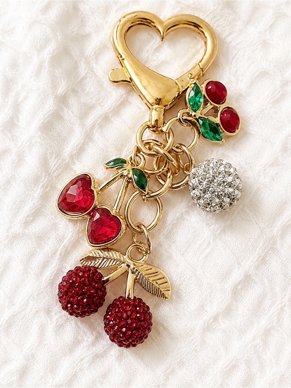 Red Rhinestone Cherry Bag Charm Keychain Gold Heart Clip